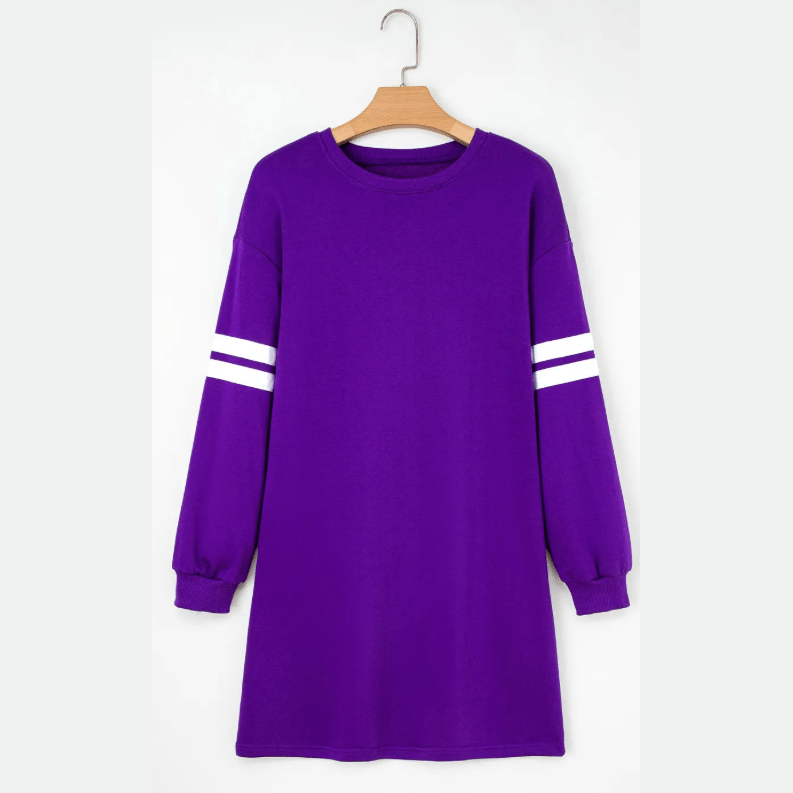 Purple Varsity Contrast Banded Sleeve Shift Sweatshirt Dress