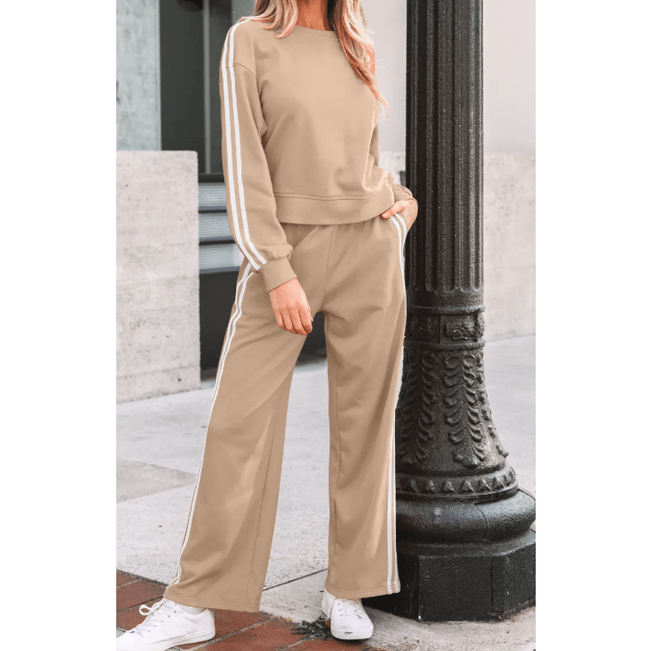 Oatmeal Varsity Striped Detail Crewneck Pullover Elastic Sweatpants 2pcs Outfit