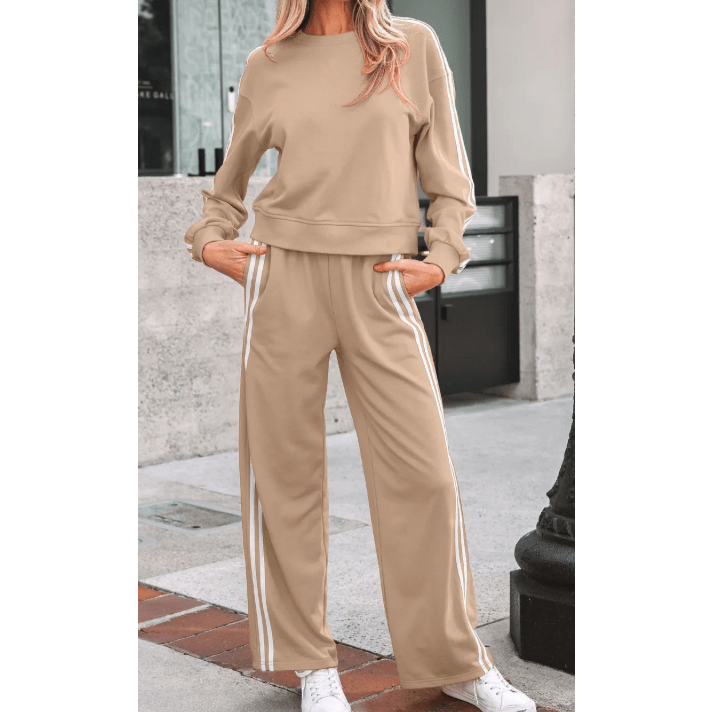 Oatmeal Varsity Striped Detail Crewneck Pullover Elastic Sweatpants 2pcs Outfit