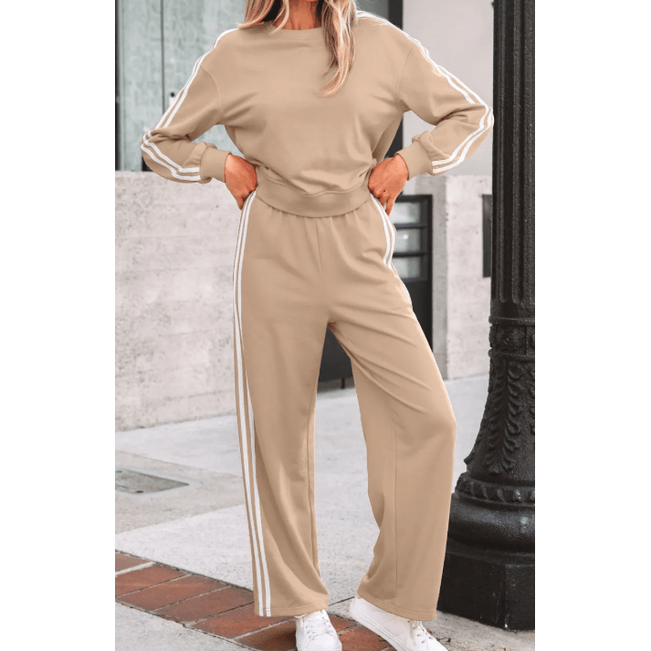 Oatmeal Varsity Striped Detail Crewneck Pullover Elastic Sweatpants 2pcs Outfit