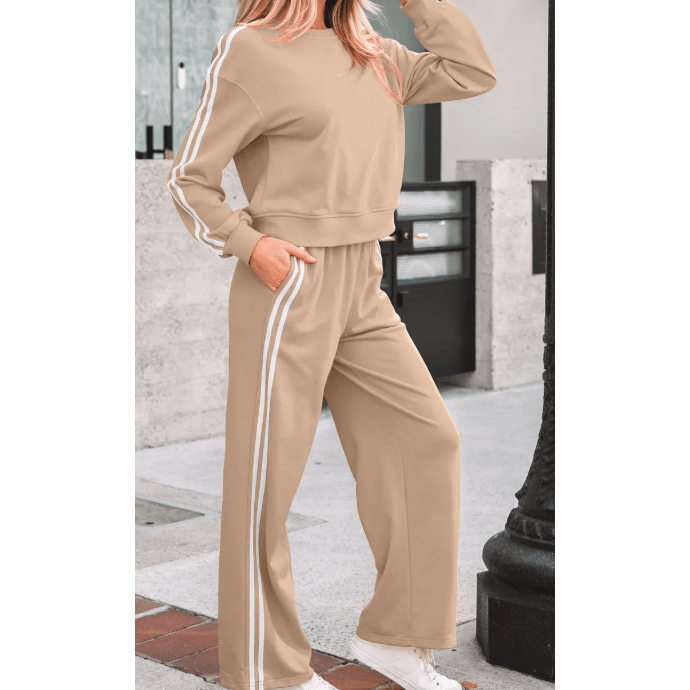 Oatmeal Varsity Striped Detail Crewneck Pullover Elastic Sweatpants 2pcs Outfit