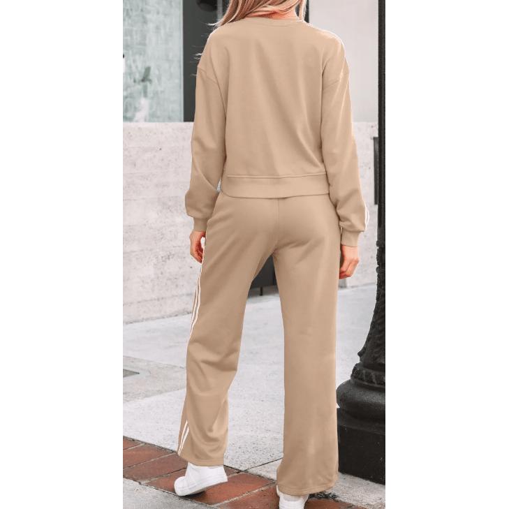 Oatmeal Varsity Striped Detail Crewneck Pullover Elastic Sweatpants 2pcs Outfit