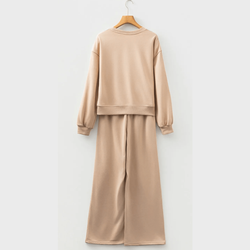 Oatmeal Varsity Striped Detail Crewneck Pullover Elastic Sweatpants 2pcs Outfit