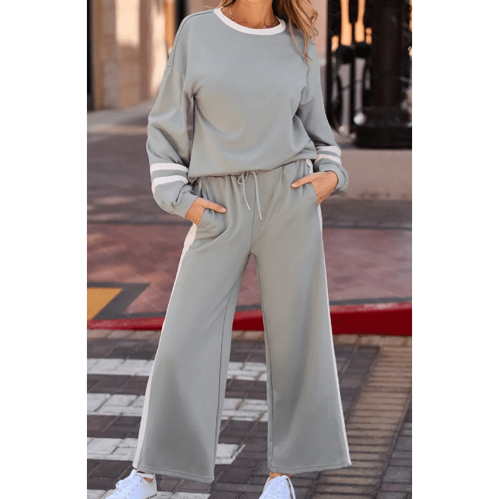 Lassie Grey Varsity Stripe Patchwork Puff Sleeve Pullover Drawstring Wide Leg Pant Set