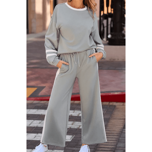Lassie Grey Varsity Stripe Patchwork Puff Sleeve Pullover Drawstring Wide Leg Pant Set