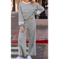 Lassie Grey Varsity Stripe Patchwork Puff Sleeve Pullover Drawstring Wide Leg Pant Set