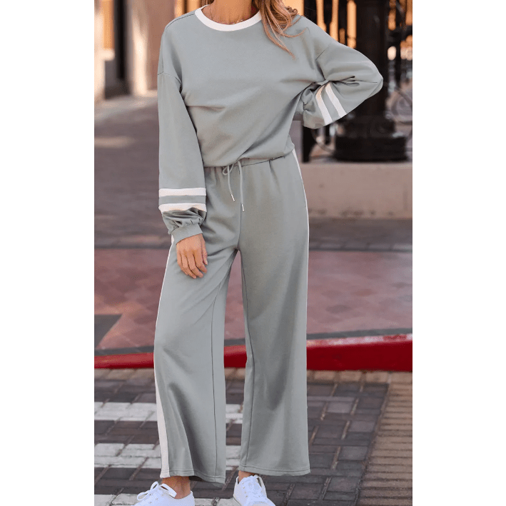Lassie Grey Varsity Stripe Patchwork Puff Sleeve Pullover Drawstring Wide Leg Pant Set