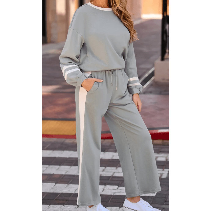 Lassie Grey Varsity Stripe Patchwork Puff Sleeve Pullover Drawstring Wide Leg Pant Set