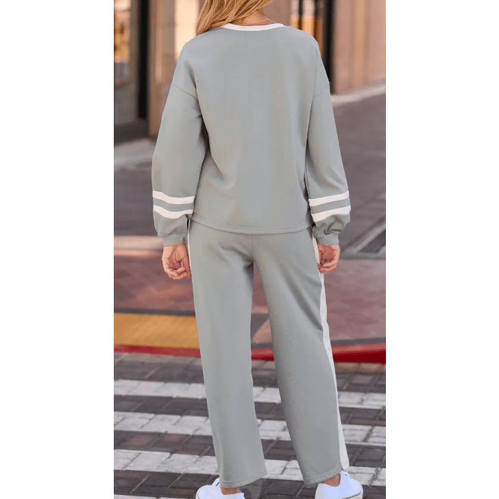 Lassie Grey Varsity Stripe Patchwork Puff Sleeve Pullover Drawstring Wide Leg Pant Set
