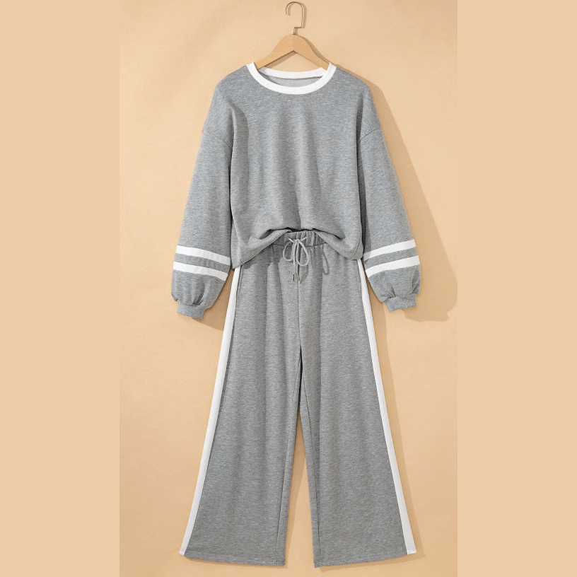 Lassie Grey Varsity Stripe Patchwork Puff Sleeve Pullover Drawstring Wide Leg Pant Set
