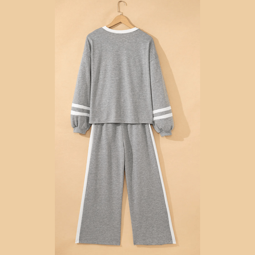 Lassie Grey Varsity Stripe Patchwork Puff Sleeve Pullover Drawstring Wide Leg Pant Set