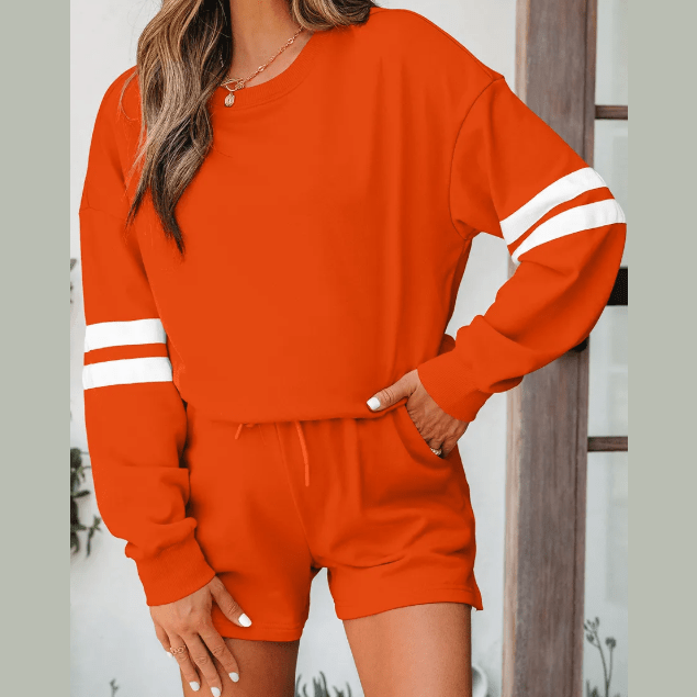 Fiery Orange Varsity Striped Sleeve Drop Shoulder Sweatshirt and Short Set