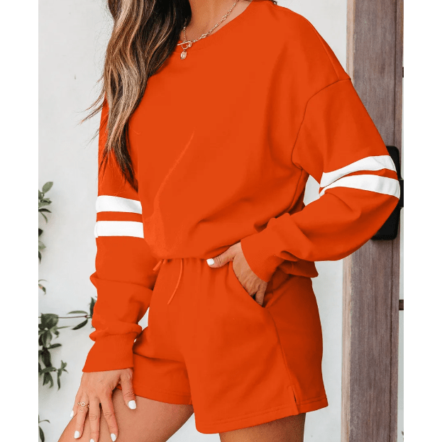 Fiery Orange Varsity Striped Sleeve Drop Shoulder Sweatshirt and Short Set