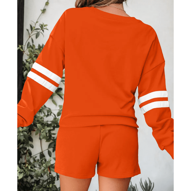 Fiery Orange Varsity Striped Sleeve Drop Shoulder Sweatshirt and Short Set