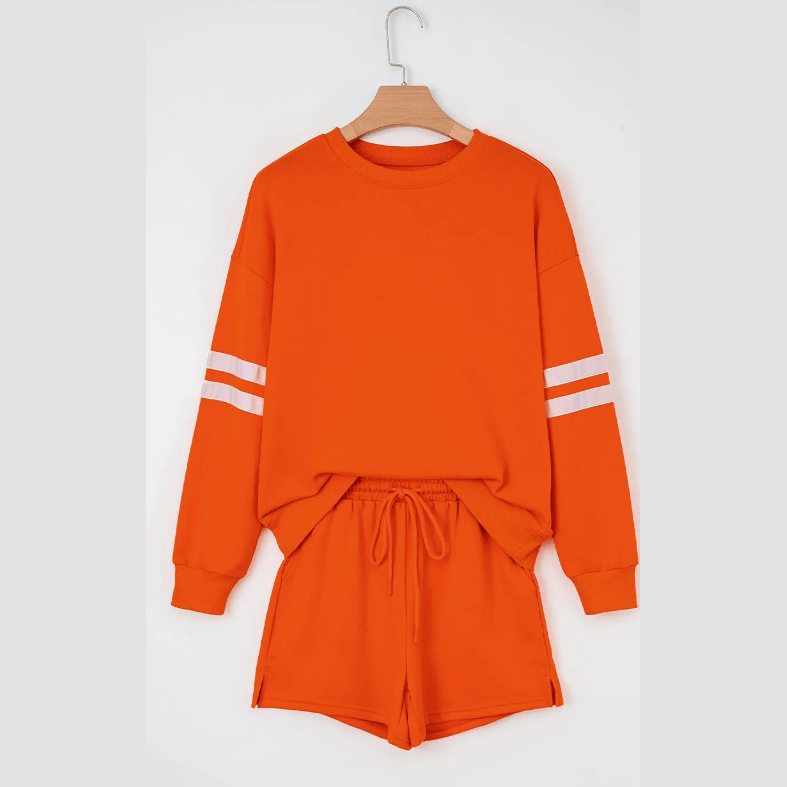 Fiery Orange Varsity Striped Sleeve Drop Shoulder Sweatshirt and Short Set