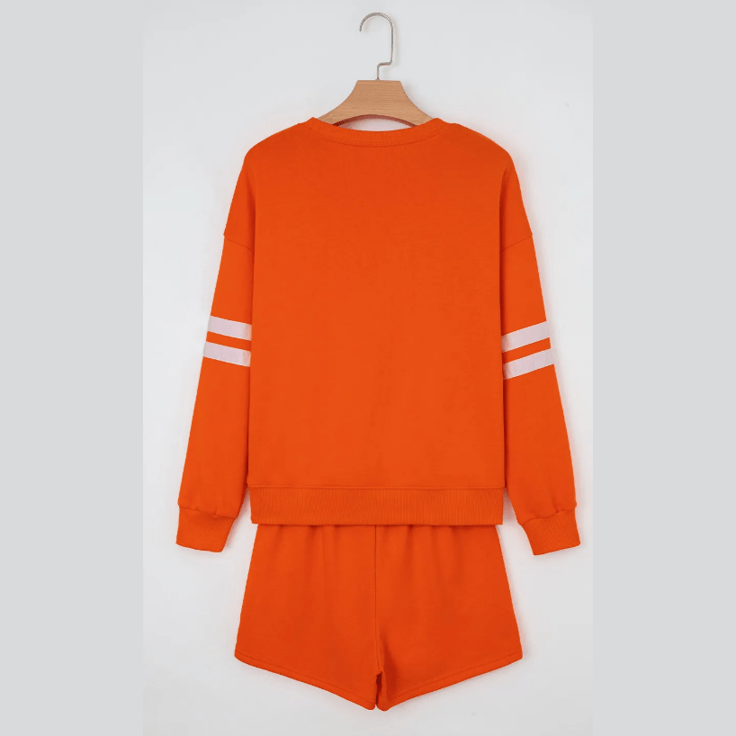 Fiery Orange Varsity Striped Sleeve Drop Shoulder Sweatshirt and Short Set