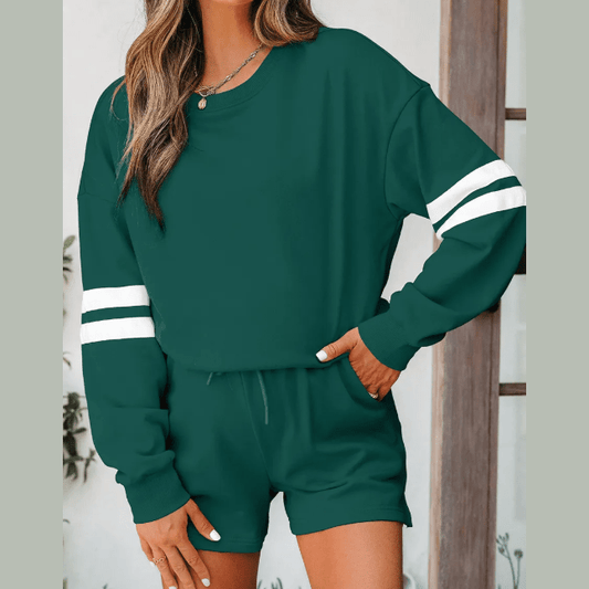 Fiery Evergreen Varsity Striped Sleeve Drop Shoulder Sweatshirt and Short Set