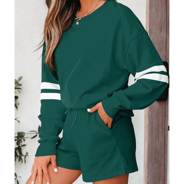 Fiery Evergreen Varsity Striped Sleeve Drop Shoulder Sweatshirt and Short Set