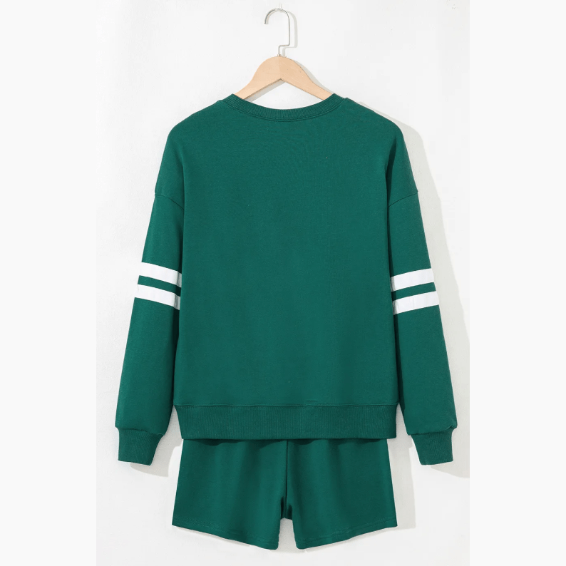 Fiery Evergreen Varsity Striped Sleeve Drop Shoulder Sweatshirt and Short Set
