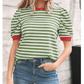 Wynita Green Stripe Short Puff Sleeve Contrast Trim Round Neck Tee