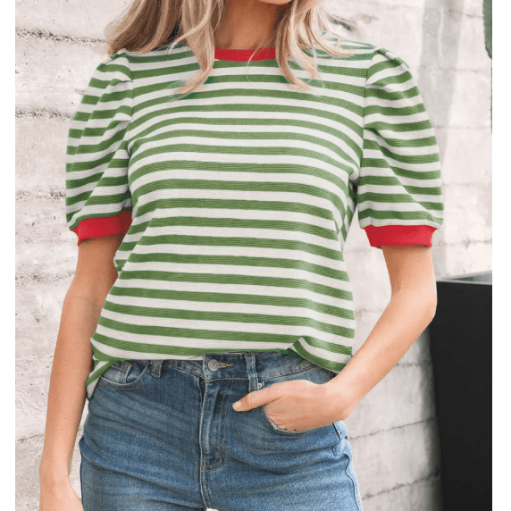 Wynita Green Stripe Short Puff Sleeve Contrast Trim Round Neck Tee