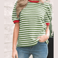 Wynita Green Stripe Short Puff Sleeve Contrast Trim Round Neck Tee
