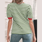 Wynita Green Stripe Short Puff Sleeve Contrast Trim Round Neck Tee