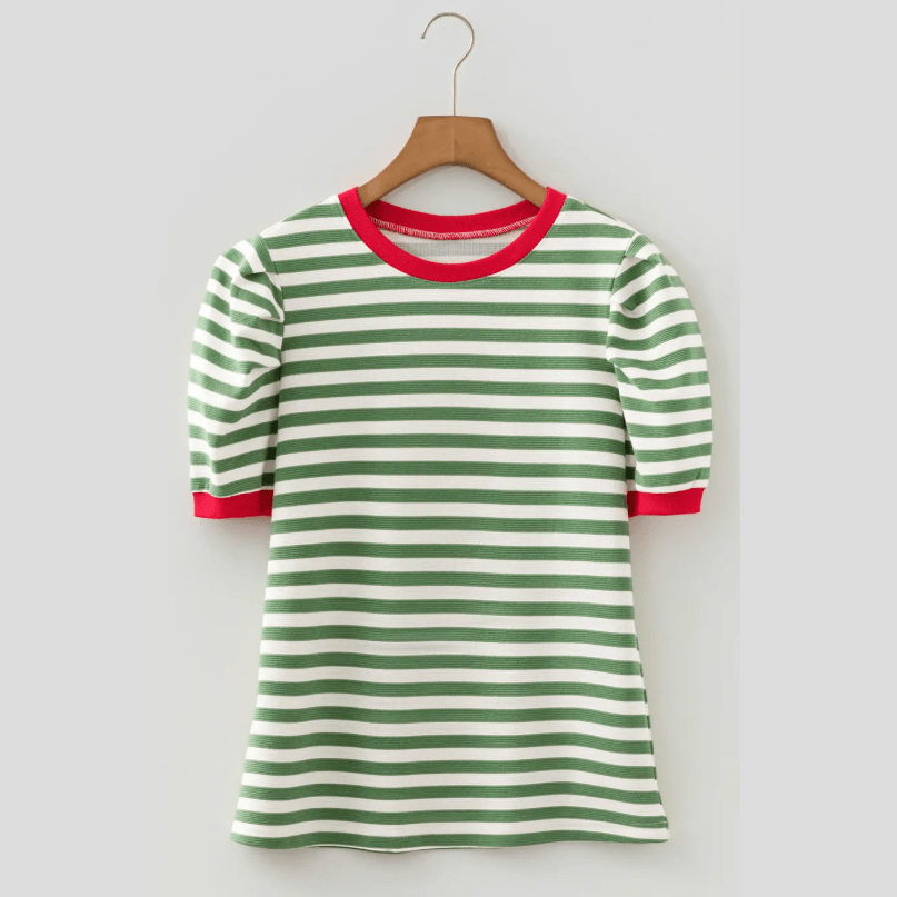 Wynita Green Stripe Short Puff Sleeve Contrast Trim Round Neck Tee