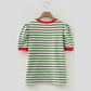 Wynita Green Stripe Short Puff Sleeve Contrast Trim Round Neck Tee