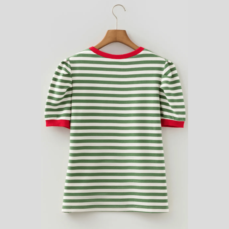 Wynita Green Stripe Short Puff Sleeve Contrast Trim Round Neck Tee