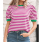 Wynita Pink Stripe Short Puff Sleeve Contrast Trim Round Neck Tee