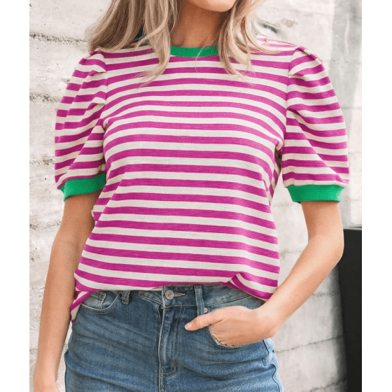 Wynita Pink Stripe Short Puff Sleeve Contrast Trim Round Neck Tee