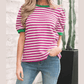 Wynita Pink Stripe Short Puff Sleeve Contrast Trim Round Neck Tee
