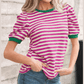 Wynita Pink Stripe Short Puff Sleeve Contrast Trim Round Neck Tee