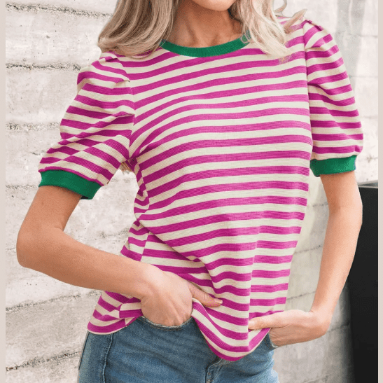 Wynita Pink Stripe Short Puff Sleeve Contrast Trim Round Neck Tee