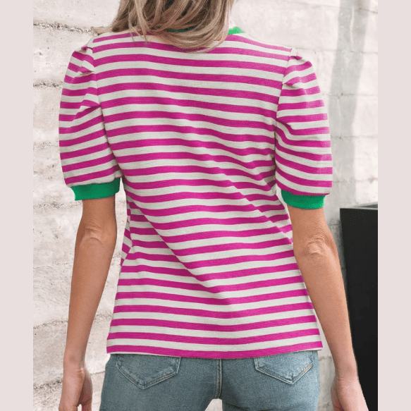 Wynita Pink Stripe Short Puff Sleeve Contrast Trim Round Neck Tee
