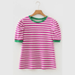 Wynita Pink Stripe Short Puff Sleeve Contrast Trim Round Neck Tee