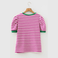 Wynita Pink Stripe Short Puff Sleeve Contrast Trim Round Neck Tee