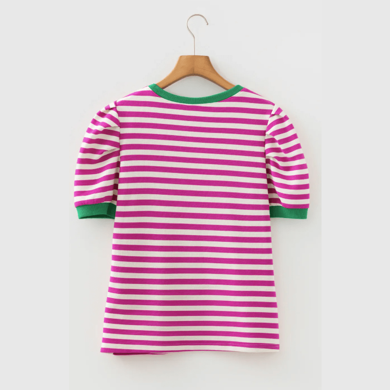Wynita Pink Stripe Short Puff Sleeve Contrast Trim Round Neck Tee