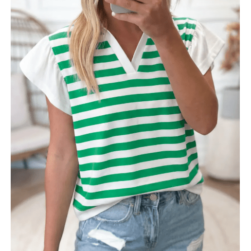 Mayson Green Stripe Collar V Neck Ruffled Short Sleeve Blouse