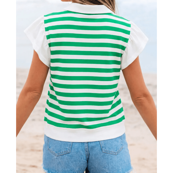 Mayson Green Stripe Collar V Neck Ruffled Short Sleeve Blouse