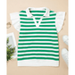 Mayson Green Stripe Collar V Neck Ruffled Short Sleeve Blouse