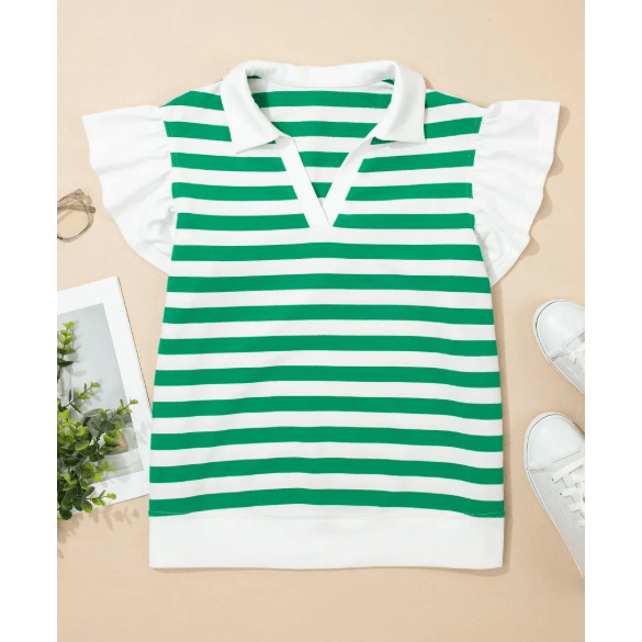 Mayson Green Stripe Collar V Neck Ruffled Short Sleeve Blouse