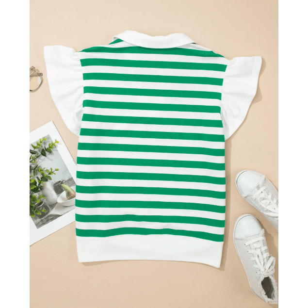 Mayson Green Stripe Collar V Neck Ruffled Short Sleeve Blouse