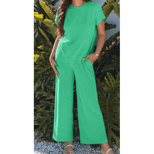 Janece Bright Green Corded Knit Short Sleeve T Shirt and Wide Leg Pants Set