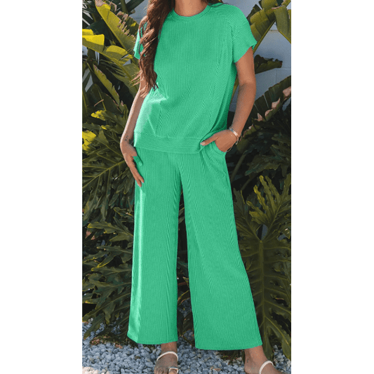 Janece Bright Green Corded Knit Short Sleeve T Shirt and Wide Leg Pants Set