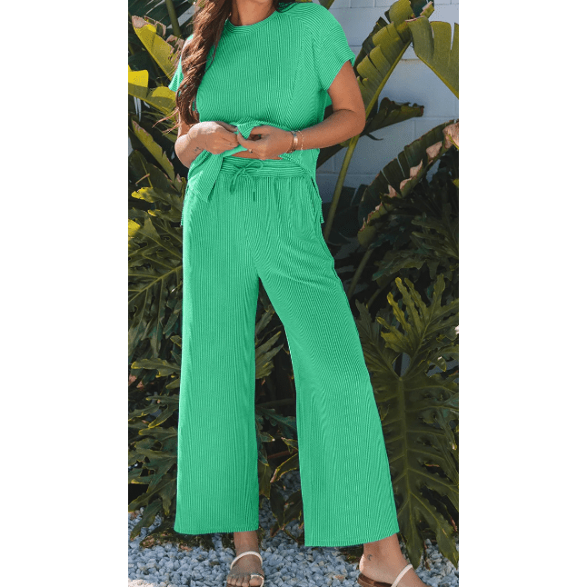 Janece Bright Green Corded Knit Short Sleeve T Shirt and Wide Leg Pants Set