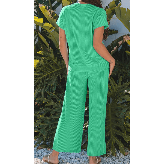Janece Bright Green Corded Knit Short Sleeve T Shirt and Wide Leg Pants Set