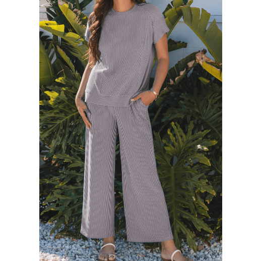 Janece Grey Corded Knit Short Sleeve T Shirt and Wide Leg Pants Set