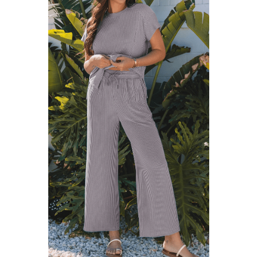 Janece Grey Corded Knit Short Sleeve T Shirt and Wide Leg Pants Set